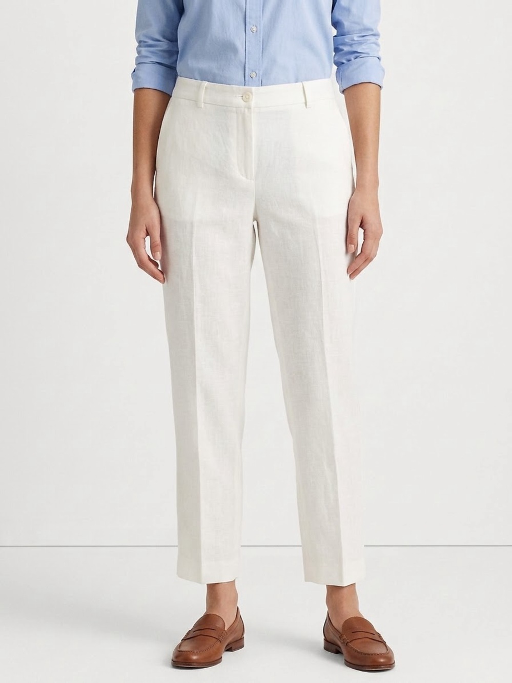 Lauren Ralph Lauren White 100% Linen Edita Pants Pleated Trousers Size 14